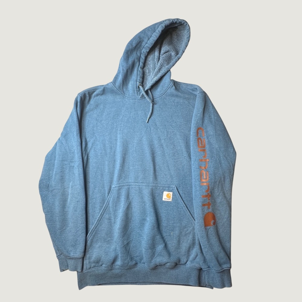 Carhartt Hoodie Mens Medium K288 Blue Graphic Sleeve Logo Original Fit Pullover